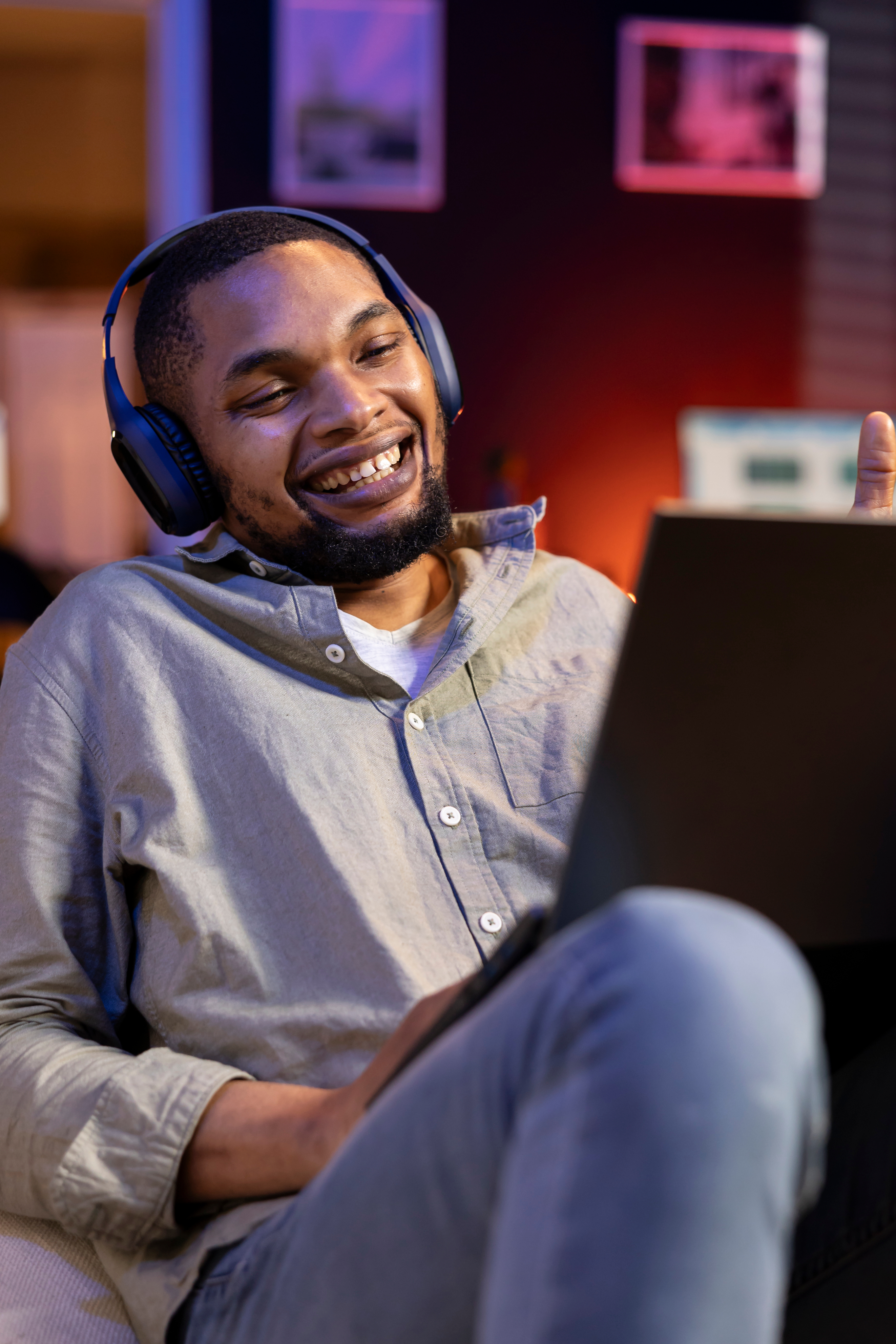 Freelancer working remotely with headphones on